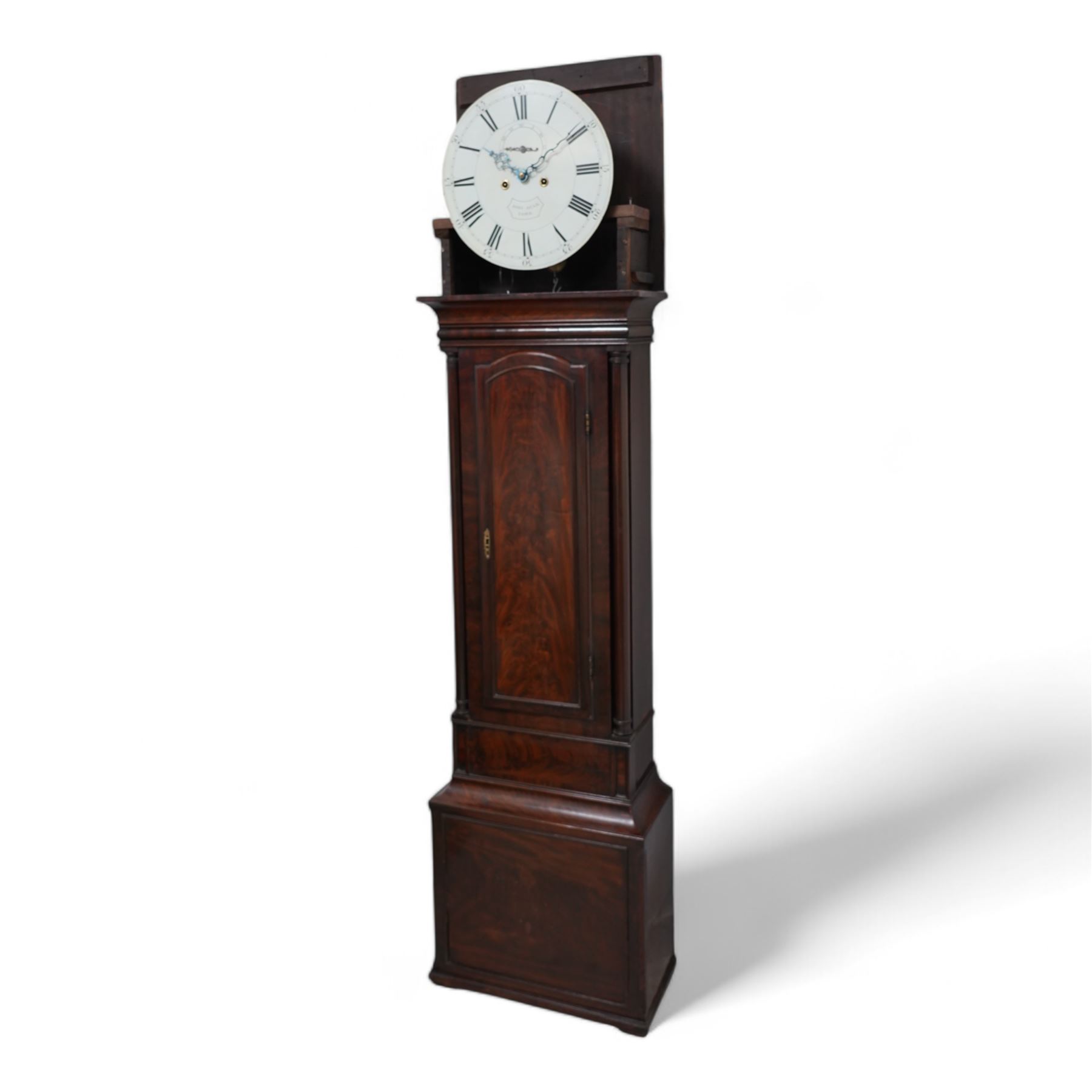 John Agar of York - Early 19th century 8-day mahogany longcase clock c1810, with a flat topped pediment and ogee cornice beneath, square hood door flanked by slender turned pillars with wooden capitals, glass side panels to the hood sides and a glazed circular dial aperture, trunk with conforming recessed pillars and a long door with a shallow curved top, square plinth with a moulded front panel and flat base on shallow feet, painted dial with makers name, Roman numerals, five minute Arabic's and minute track, matching steel hands and seconds dial, with a four pillar rack striking movement striking the hours on a bell. With weights, pendulum and key.
The Agar family were a large and prodigious family of 18th and 19th century York clockmakers working in the city and towns in the surrounding locality.