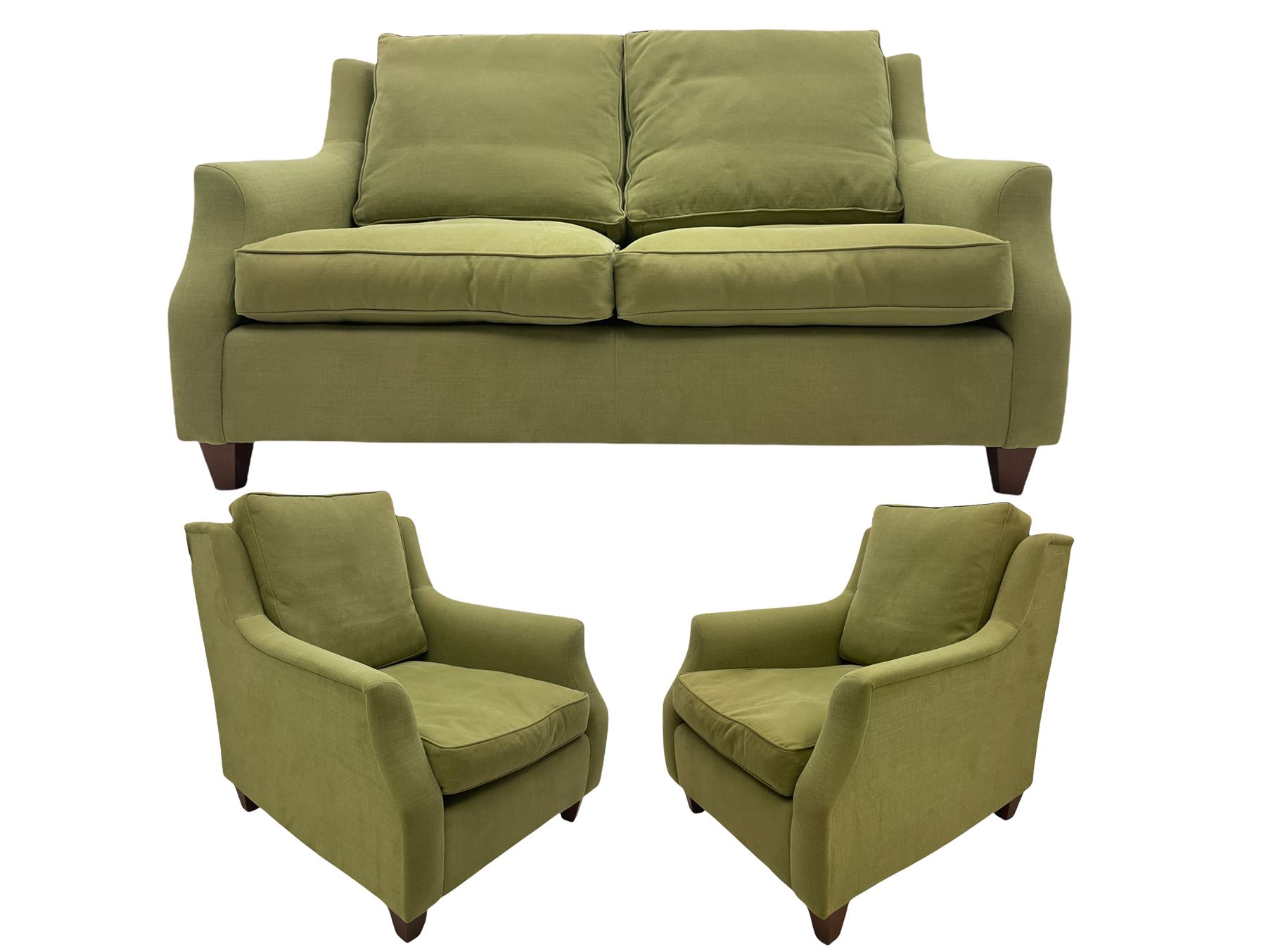 Wesley-Barrell two seat sofa and pair of matching armchairs, upholstered in sage linen fabric