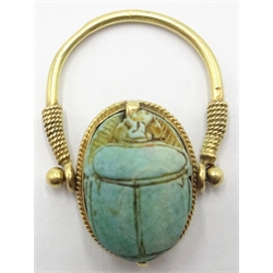  Egyptian 18ct gold, turquoise scarab beetle swivel ring hallmarked  