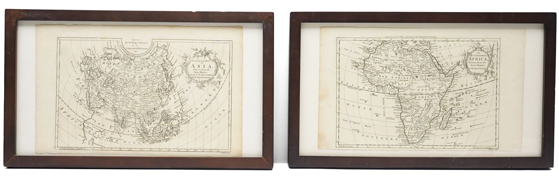 Robert 'Le Sieur' de Vaugondy (French 1723-1786): 'An Accurate Map of Asia', and 'An Accurate Map of Africa', pair mid-18th century engraved maps after the 'Atlas Universel' (1757), engraved by George Rollos, pub. John Barrow 'A New Geographical Dictionary', London c.1762, 21cm x 35cm (2)