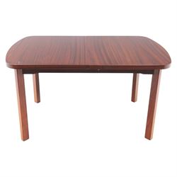 Mid-20th century mahogany extending dining table, with additional leaf, raised on square legs