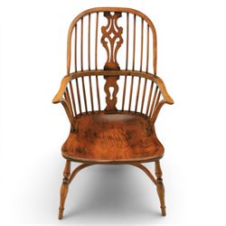 Pair of high back Windsor armchairs, fleur de lis back splat, dished seat, caroline stretcher