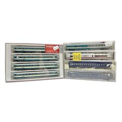 Fleischmann 'N' gauge - No.881203 Schnellzugwagen-Set alex Sonderserie; another Alex restaurant car with pantograph over No.816202; and three other passenger coaches/restaurant car Nos.7444K, 860601 & 860701; all boxed (5)