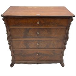 Late 19th century French mahogany chest, moulded rectangular top with shaped corners, fitted with four graduating long drawers, canted uprights with shaped and moulded upright mounts, on splayed block feet