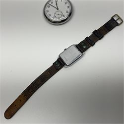 Cyma military issue pocket watch, back case No. 6E/50 A9259 and a Art Deco manual wind jump hour wristwatch