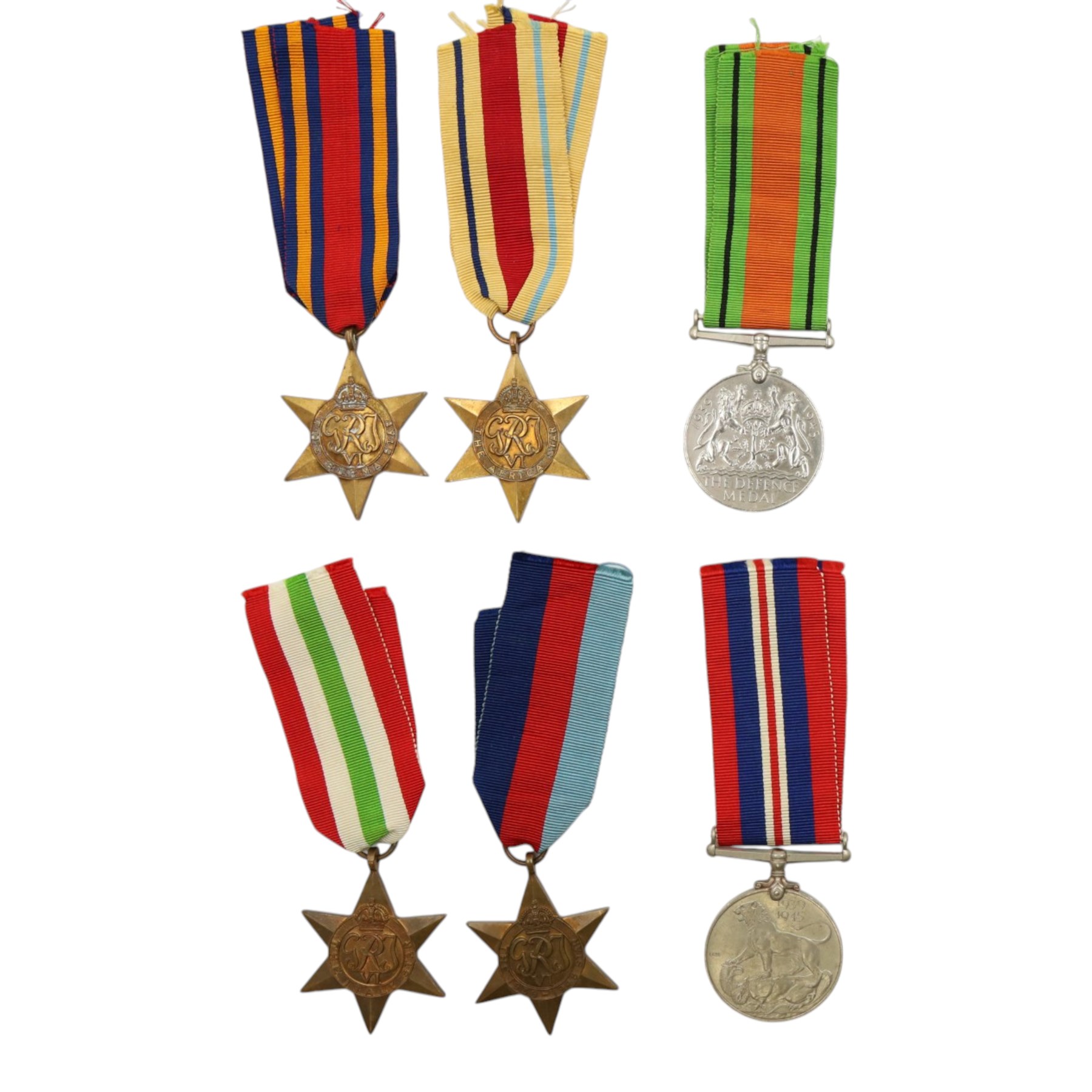 WWII British medals, comprising War medal, Defence medal, 1939-1945 Star, Burma Star, Italy Star and Africa Star 