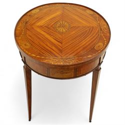 Aldam Heaton & Co (fl.1878-97) - late 19th century Sheraton revival style satinwood inlaid oval centre table, raised inlaid edge, centre with finely executed large central  inlaid medallion, surrounded by ribbon tied swags interspaced with medallions, frieze with rectangular symmetrical panels of foliate sprays of acanthus leaves, raised on four square section tapering legs with cavetti shaped shoulders with stringing on brass bulb feet, underside with bone plaque signed Aldam Heaton & Co, Baker St, London