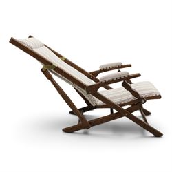 Pair of early 20th century oak framed garden reclining and folding deckchairs, high back and seat upholstered in striped fabric with padded armrests