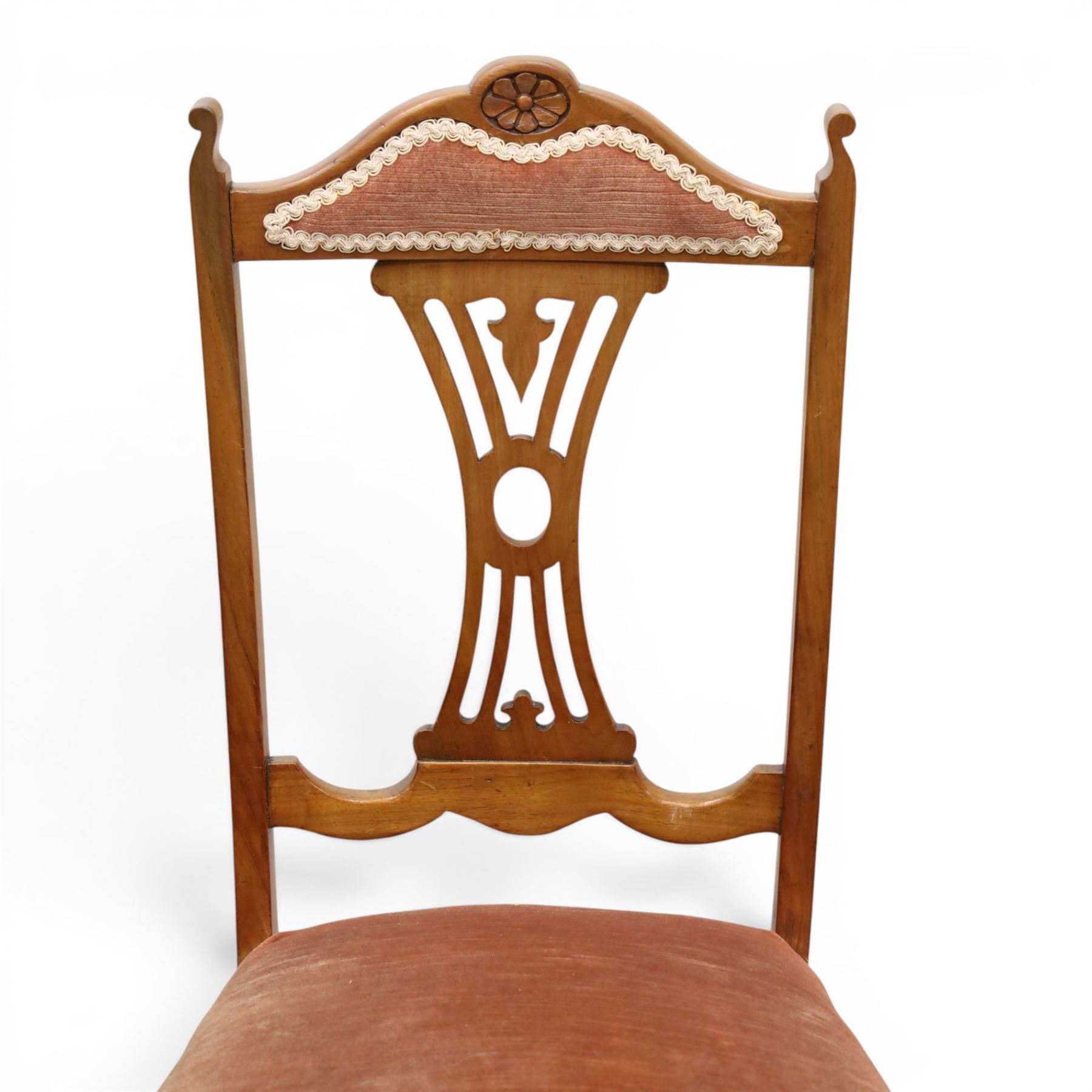 Acornman -Set of four early 19th century mahogany dining chairs and two matching chairs by Alan 'Acornman' Grainger, shaped cresting rail with upholstered top above a pierced splat back, overstuffed pink velvet seat, raised on cabriole supports, two with signature carved acorn, by the workshop of Alan Grainger of Brandsby