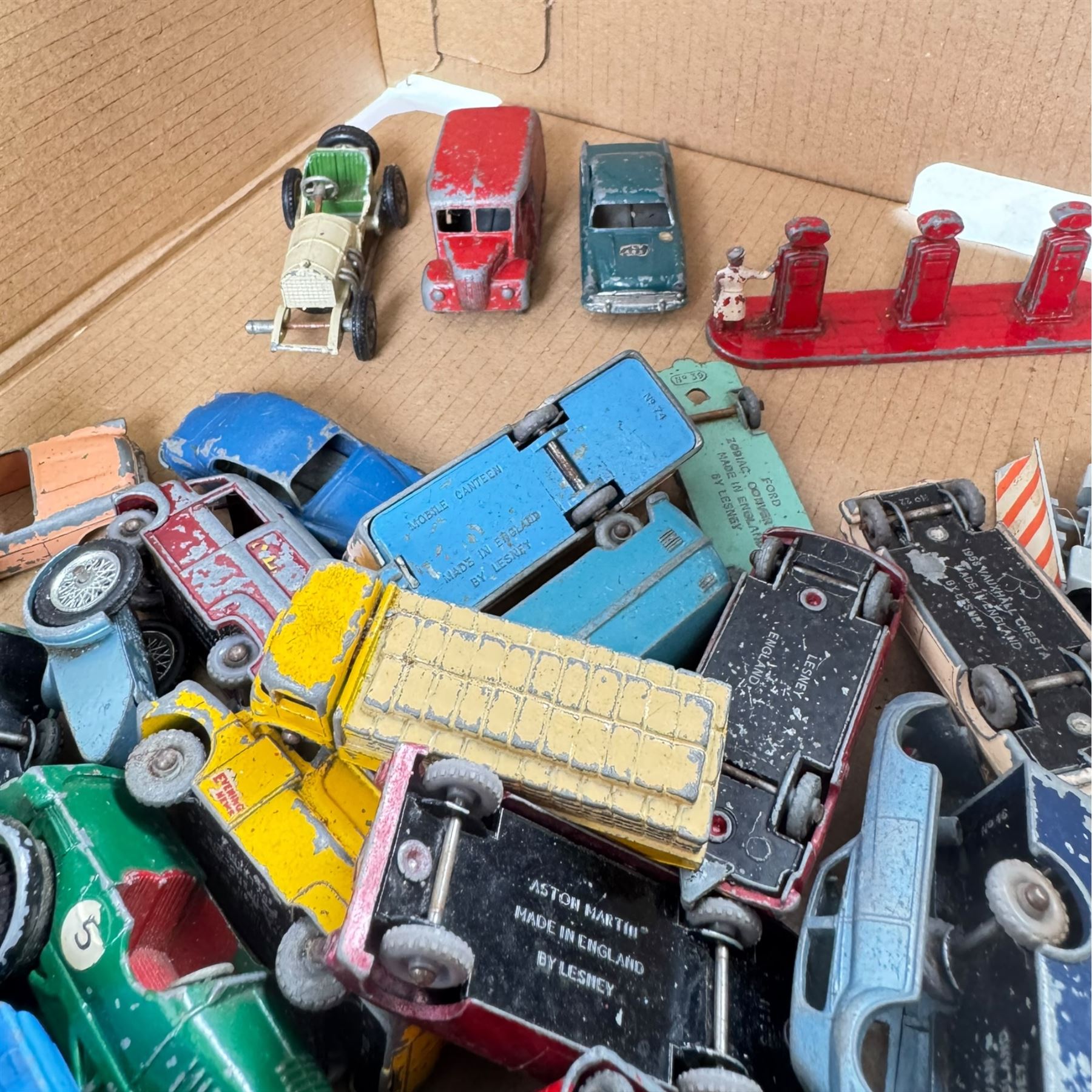 Collection of Matchbox Lesney diecast model vehicles, including buses, lorries, cars, cranes, etc, all loose and playworn