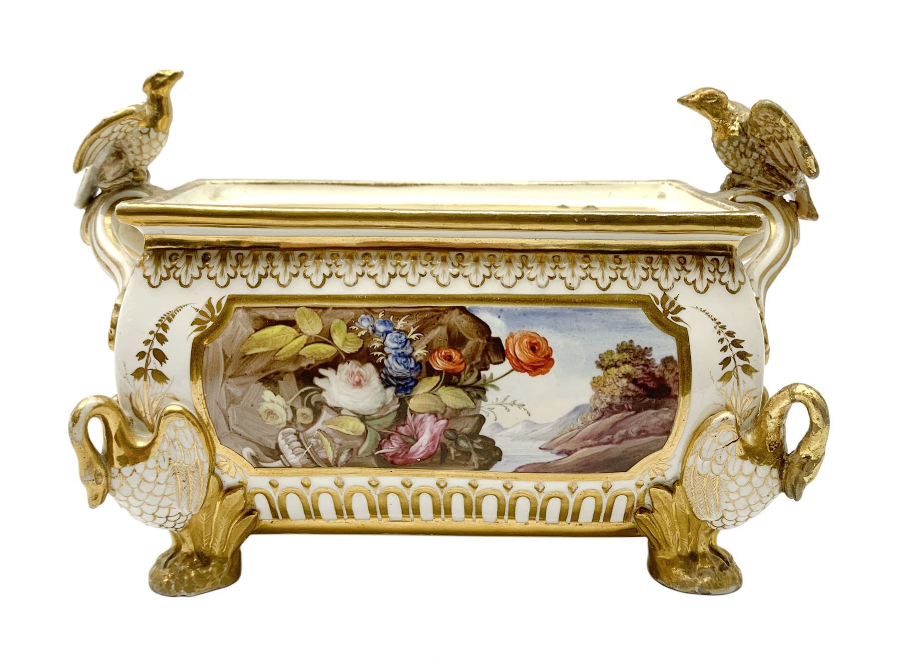 19th century Coalport bough pot, circa 1820, of bombe form, the body with twin handles surmounted by two birds and raised upon four feet modelled as swans, hand painted with two panels depicting an urn of flowers set against a mountainous landscape, the whole heightened in gilt throughout, H13cm L21cm