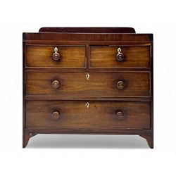 19th century mahogany chest, rectangular top with raised gallery back, fitted with two short and two long cockbeaded drawers, each with bone escutcheon, on shaped bracket feet