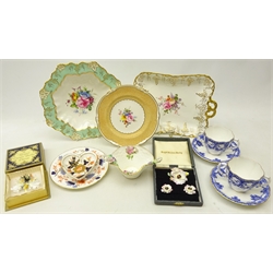  Collection of Royal Crown Derby comprising pair Bouillon cups and saucers no. 3901, Imari pattern tea plate and heart shaped dish, basket woven dish with encrusted flowers, porcelain lily brooch and another similar set, both boxed, serving dish and bowl in the Vine pattern hand finished with floral sprays etc. From the collection of Mr & Mrs Christmas, the Mayor and Mayoress of Derby from 1956 -  1957  