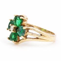 9ct gold green and white paste stone, four leaf clover cluster ring, hallmarked