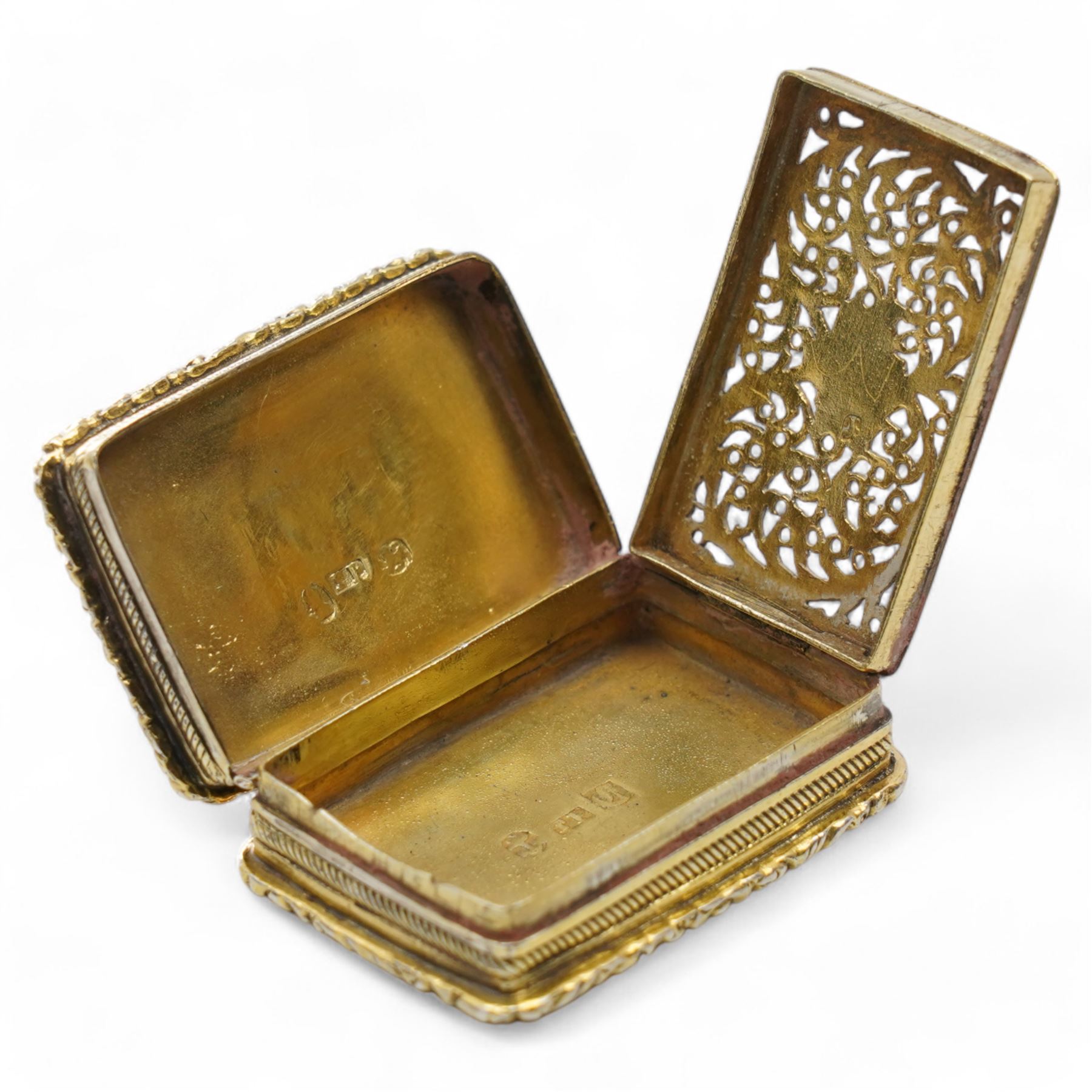 George IV silver gilt vinaigrette with pierced and engraved hinged grille, exterior vacant cartouche and engraved decoration Birmingham 1828 Maker Thomas Parker