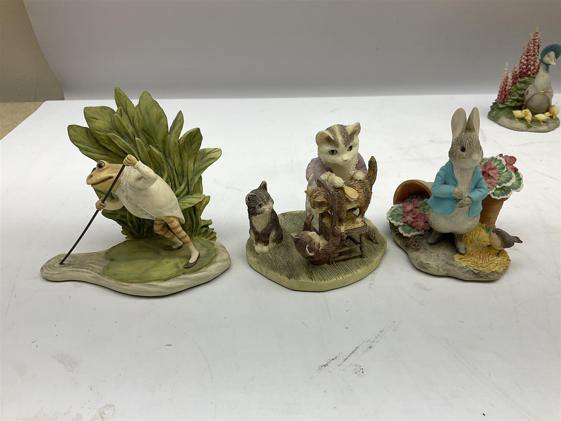 Border Fine Arts Beatrix Potter figures, to include Tableau no. 669814, The Tale of Ginger and Pickles no.A0460, Peter Rabbit in the Garden 739499, Mr Jeremy Fisher A0621, Tabitha Twitchit Brushing Kittens A0625, many with original boxes  