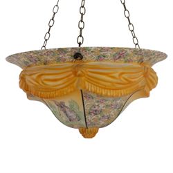  Early 20th century painted glass ceiling light fitting, the domed shade decorated with figural panels alternating with scrolling foliate and floral reserves, centred by a moulded knop finial, in amber and pastel tones