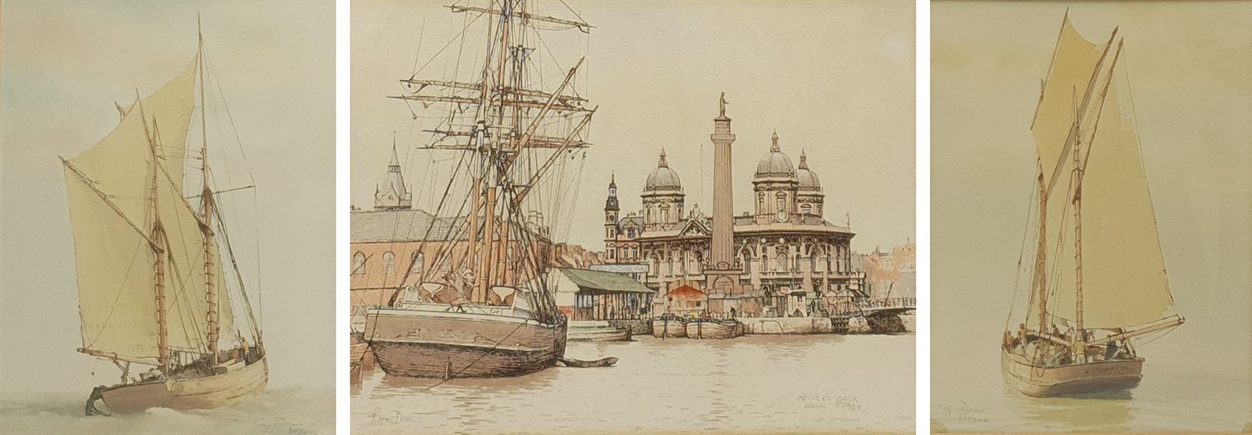 Roger Davies (British 1945-): 'Prince's Dock Hull c.1900' and Boats at Sea, three overpainted prints signed in pencil 23cm x 30cm (3)