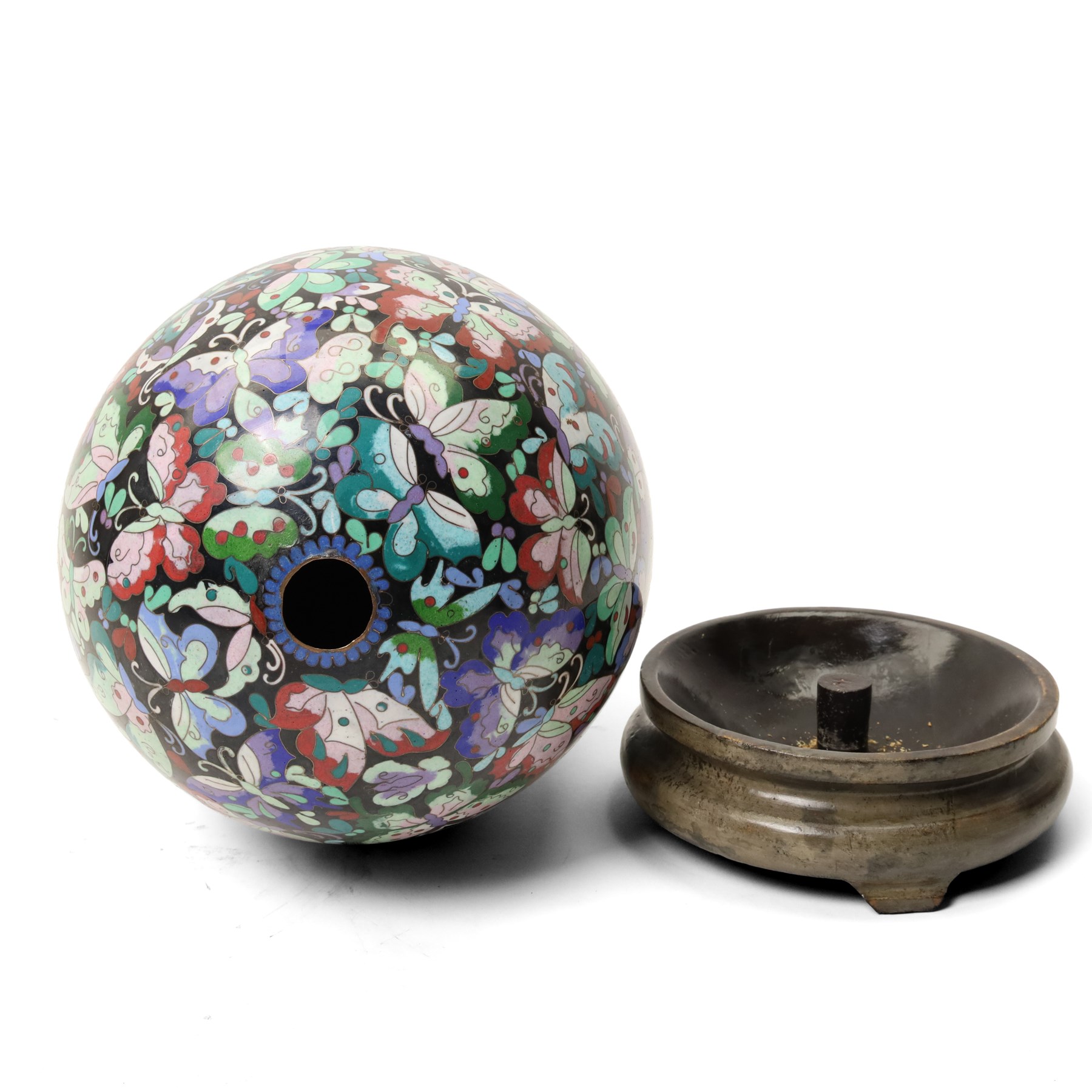 Large 20th century Chinese cloisonné egg with butterfly decoration, on stand, H39cm 