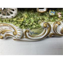 Capodimonte figure group of a horse drawn carriage with two horses pulling an open carriage with a male with dresden lace cuff and a female with full dresden lace skirt,  on a naturalistic base, H15.5cm