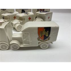 Ten WW1 crested china military models comprising seven field ambulances and three 'Home Fires Burning' fire-surrounds/range; various makers including Willow Art, Arcadian China, Grafton China, Savoy China, Carlton China etc; various crests including Devon, Aldershot, Portsmouth, West Ham, Coventry, Oxford, Hastings, Brighton etc (10)