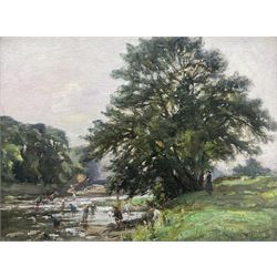 William Greaves (British 1852-1938): Children Playing in the River Wharfe, oil on canvas signed and dated 1910, 30cm x 40cm