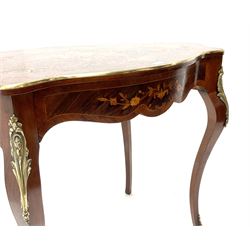 Late 19th century marquetry inlaid gilt metal mounted occasional table, shaped oval top, quartered walnut and kingwood veneered with floral and foliate design matching to frieze, single drawer on shaped cabriole legs