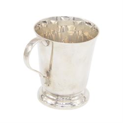 Set of six Scandinavian silver demitasse spoons decorated with green guilloche enamel, stamped 925s, together with a similar Scandinavian silver spoon in yellow guilloche enamel and 1950's silver christening cup, hallmarked J B Chatterley & Sons Ltd, Birmingham 1959, cup H7cm  