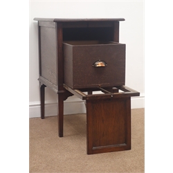  Early 20th century oak filing cabinet, fall front enclosing filing system on sliding rail, square tapering supports, W48cm, H77cm, D60cm  