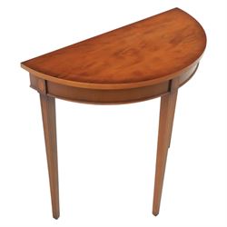 Georgian design yew wood demi-lune console table, sting inlaid with shell motifs