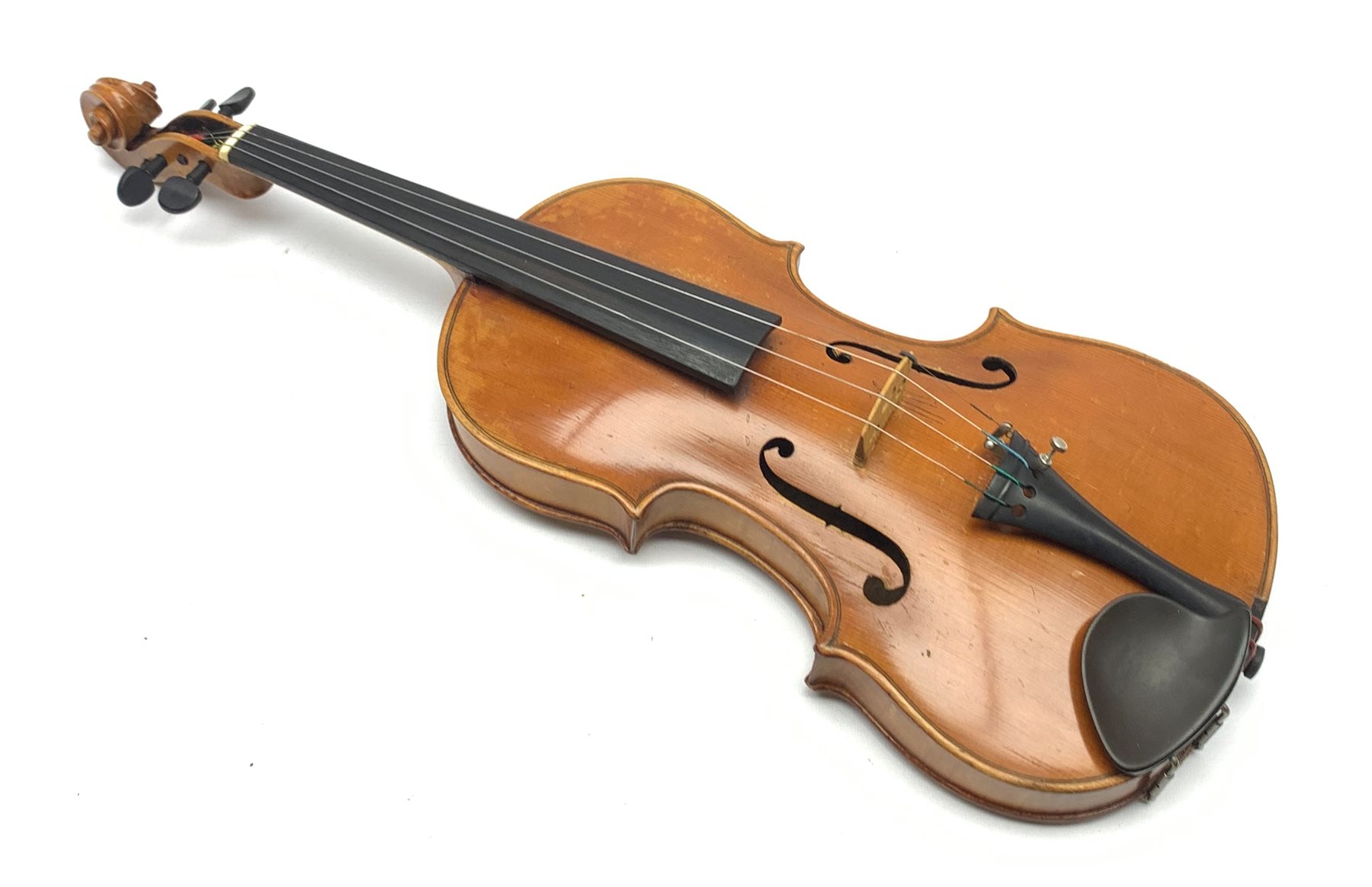  Late 19th century violin with 36cm maple back and spruce top, bears label 'Copy George Klotz Made in 1747', L59cm overall, in ebonised wooden carrying case with two bows  
