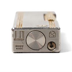 Dunhill - Rollagas lighter, silver-tone metal with gilt linear decoration and gilt ribbed thumbpiece, H6.5cm 
