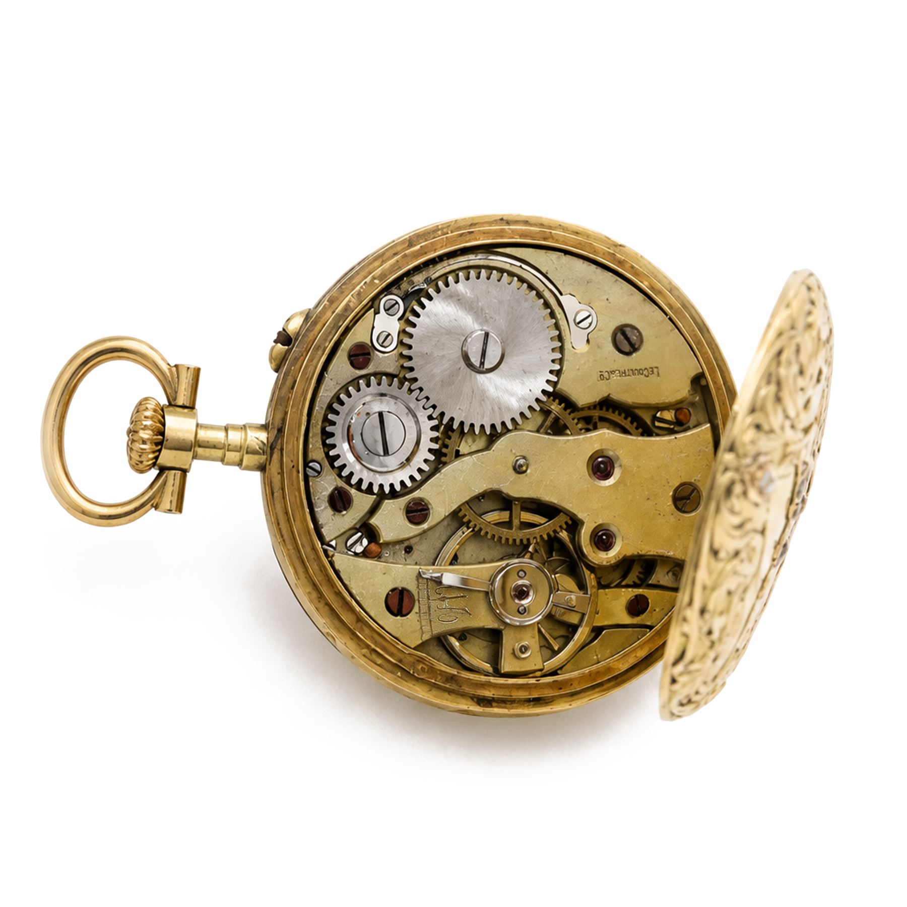 French 19th / early 20th century 18ct gold ladies cylinder fob watch, white enamel dial with Arabic hour markers, the back case set with rose cut diamonds, surrounded by embossed foliate decoration and engraved with initials 'D A', horses head hallmark