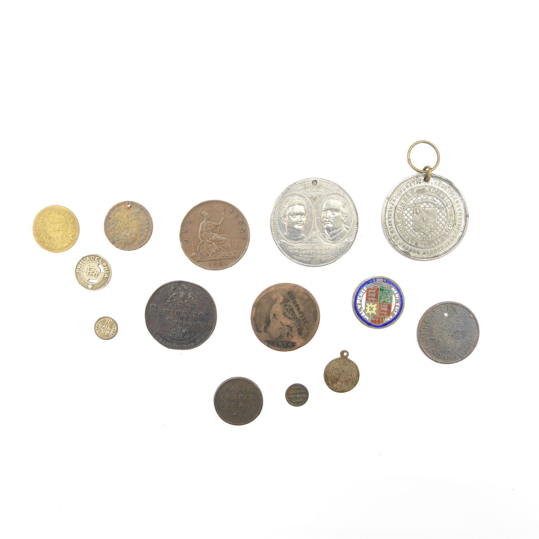 Tokens, medallions and miscellanea, including Queen Victoria 1885 one penny coin with engraved obverse, 1887 enamelled silver one shilling coin, 'Remington Typewriter Four Generations of The British Royal Family' 1896 commemorative, model penny 1848, Edward VII medallion etc