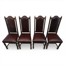 Carolean revival oak dining table and eight chairs (7+1), refectory table with rectangular boarded top and cleated ends, raised on shaped trestle end supports with central stretcher, accompanied by eight high-back chairs including a carver, leather upholstered panels and seats with studwork, on turned legs with stretchers.