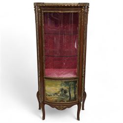 Mid-20th century rosewood vitrine display cabinet, shaped form with cast gilt metal gallery and mounts, enclosed by glazed door with Vernis Martin design panel, fabric lined interior with two glass shelves, on cabriole supports with cast acanthus leaf mounts 