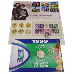 The Royal Mint United Kingdom 2008 brilliant uncirculated coin collection comprising 'Emblems of Britain' and 'Royal Shield of Arms', four brilliant uncirculated two pound coins, three brilliant uncirculated fifty pence coins, all in card folders and two coin covers