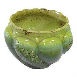 Bretby jardinière, decorated in relief with elongated leaves, together with two others, H29cm 