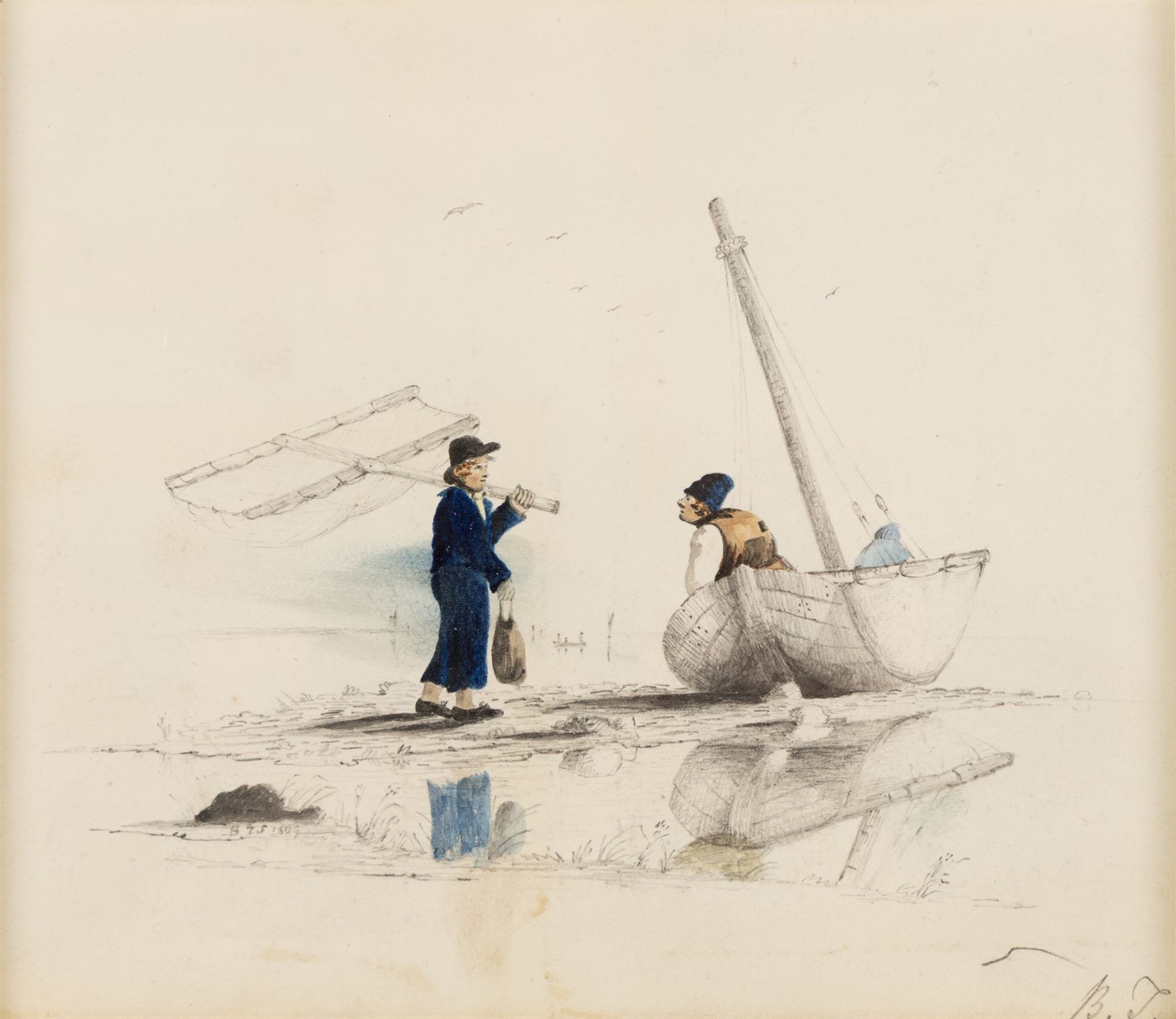 Manner of Henry Edrington Hobson (British 1820-1881): Woman Gathering Kindling, gouache unsigned; together with Dutch School (19th/20th century): Fishermen Conversing, mixed media signed B T max 19.5cm x 15.5cm (2)