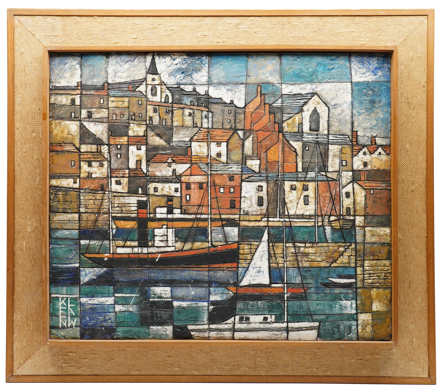Ken Law (British 1919-1988): Harbour Town, mixed media on board signed with monogram 61cm x 72.5cm
