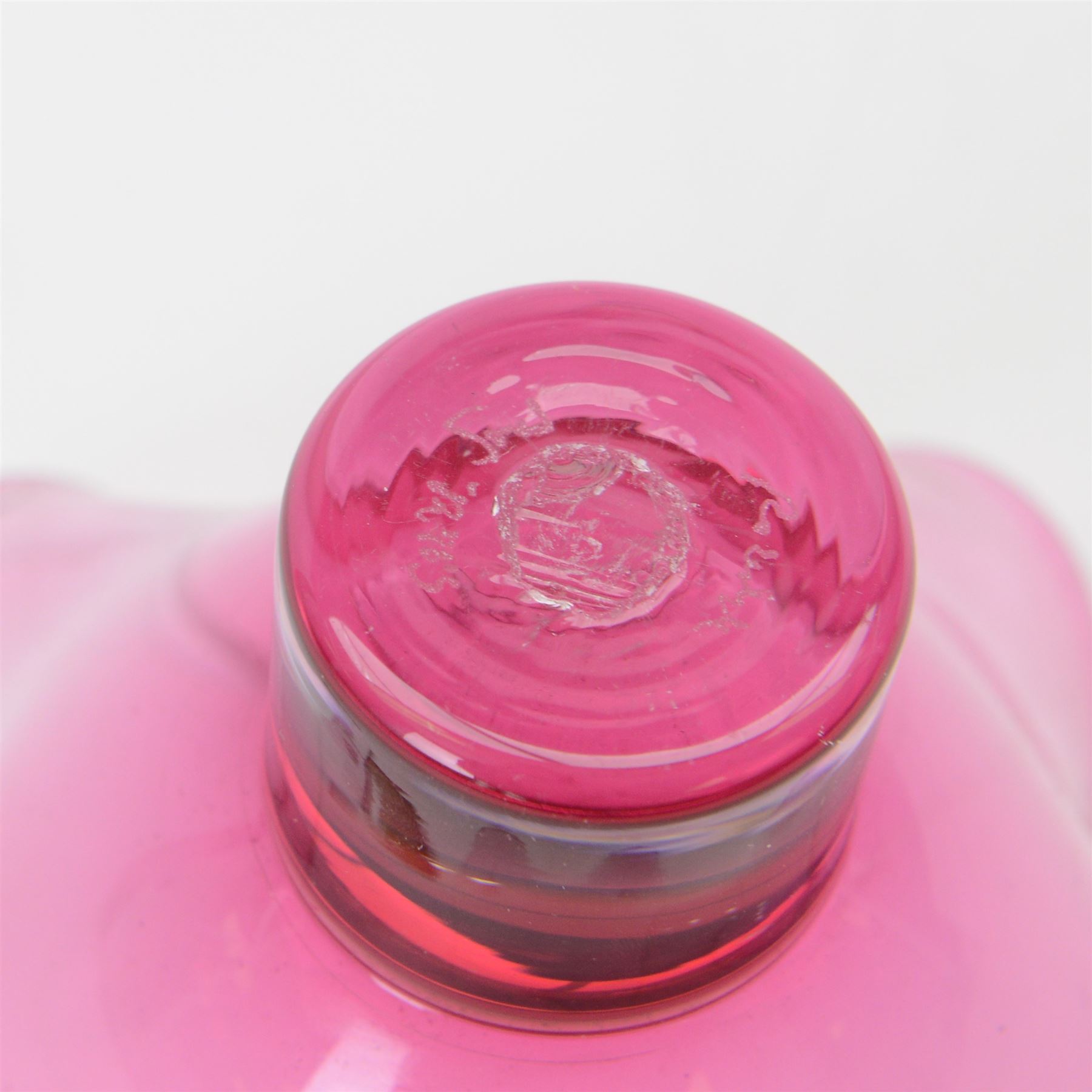 Gillies Jones of Rosedale, pink glass vase with crimped white rim on a pedestal foot, signature to base D15cm H10cm