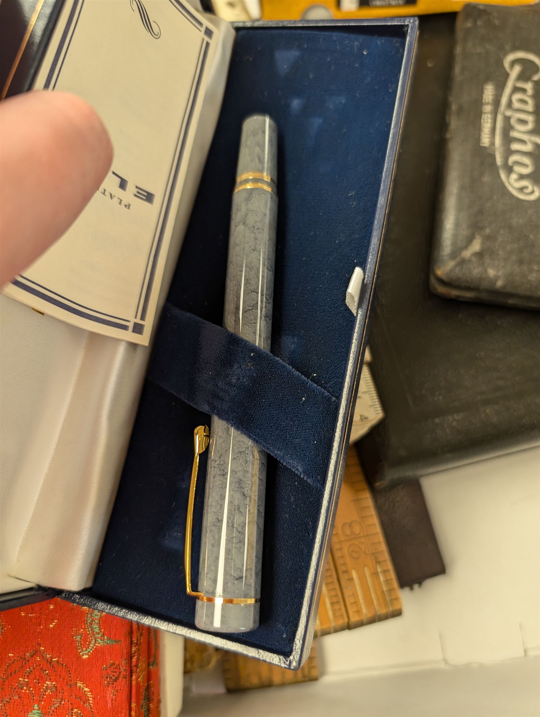 Platignum Elite fountain pen, boxed, other boxed pens, and a collection of drawing instruments and slide rules, including Rabone examples