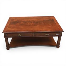 Georgian style mahogany coffee table, rectangular moulded top with crossbanded border and line inlay, fitted with two cock-beaded frieze drawers with ornate brass swan neck handles and shaped backplates, opposing false drawer fronts, raised on square tapering supports united by a concave undertier