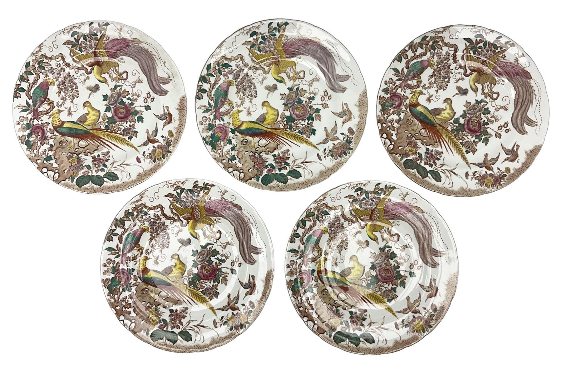 Five early 20th century Royal Crown Derby Olde Avesbury pattern dinner plates, decorated with oriental pheasants, butterflies and other birds amongst flowering branches, with impressed and printed marks to reverse, D26.5cm