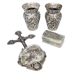 Early 20th century German silver holy water stoop, modelled as Christ upon the cross above a curved cistern with embossed floral decoration, stamped verso 800, also bearing crown and crescent mark and makers mark for Simon Rosenau, H17.5cm, together with a small pair of Continental silver vases, each embossed throughout with flower heads, each stamped beneath 800, and a Dutch box of rectangular form, the underside embossed with hunting scene, the domed cover with two figures, marked with Lion Passant purity mark, Minerva head duty mark, and date letter, probably 1886, approximate total weight (333 grams)