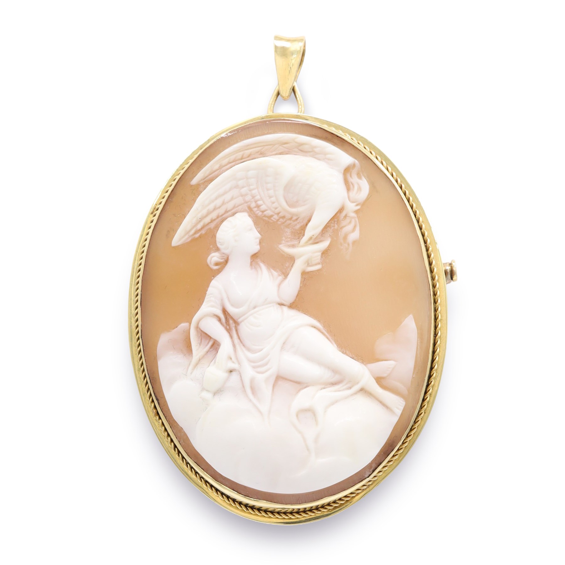 Early 20th century gold cameo pendant / brooch, depicting depicting Hebe, the goddess of youth, feeding Zeus's eagle
