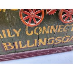 `The Grimsby-York Railroad Co.` painted wooden railway advertising sign 20th century, of planked construction with arched top and moulded border, decorated with an applied wood and metal image of an early steam locomotive in relief, the surrounding wording reading `The Grimsby-York Railroad Co., Fast Dispatch by Rail from Fish Curing Houses of Grimsby & Hull, Est. 1873, Daily Connections to Billingsgate`, 89 x 71cm
