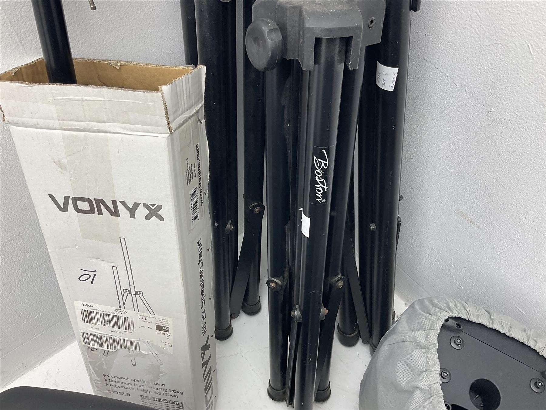 Wharfedale Pro Titan 12 speaker, pair of Wharfedale pro titan 8 speakers, Skytec SP1000 speaker, img stage line PAB-110 MK2 speaker and five speaker stands of various sizes (10)