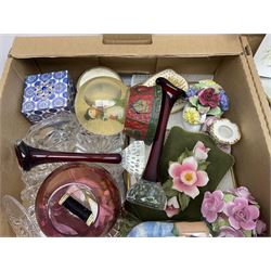 Royal Doulton Greenbrier pattern tea wares, together with a collection of porcelain flowers, Murano style coloured glass bowls, other ceramics and glassware, in four boxes 