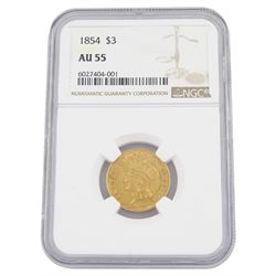 United States of America 1854 gold three dollar coin, encapsulated and graded AU55 by NGC